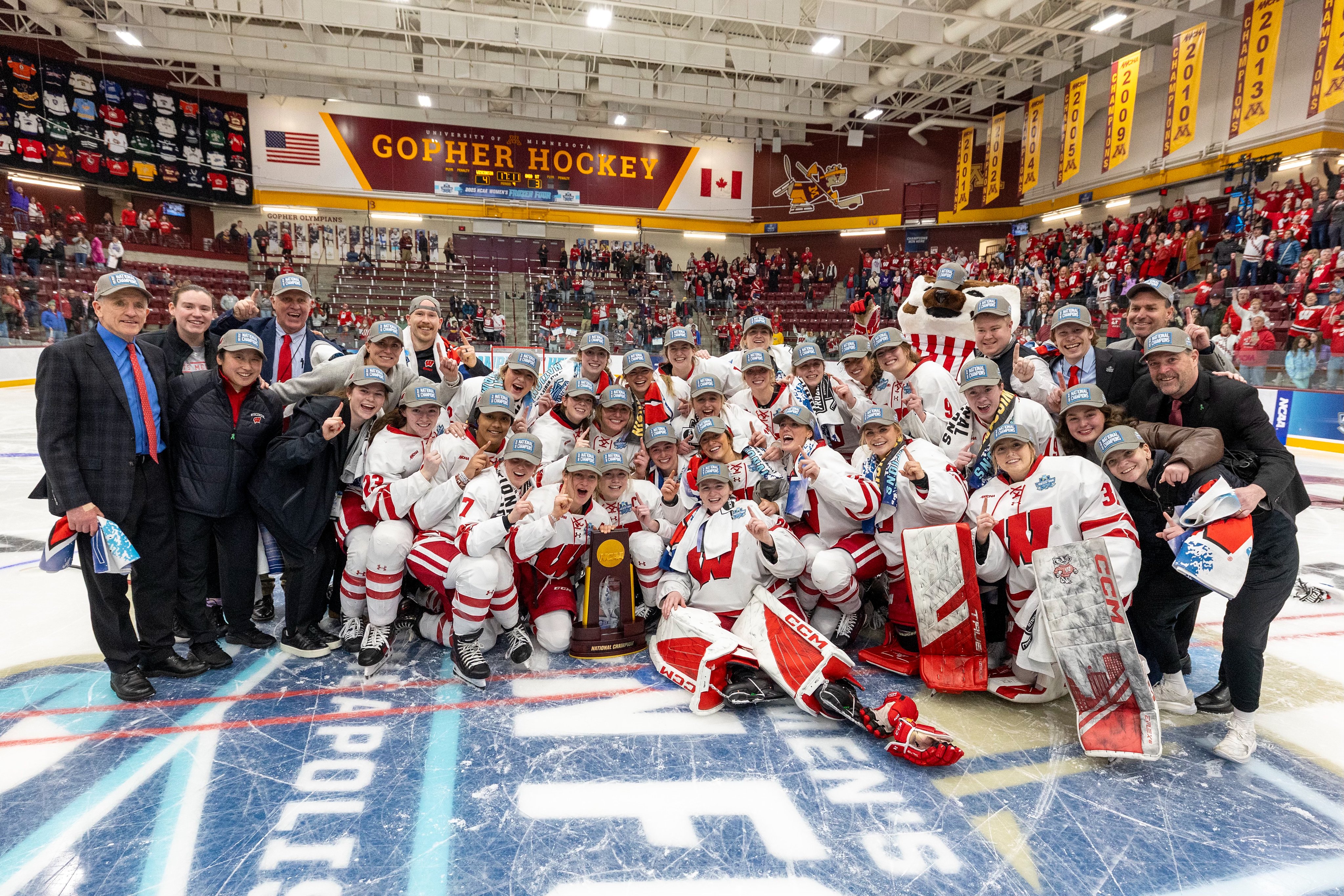 The UW Women’s Hockey team celebrating winning the 2023 National Championship.