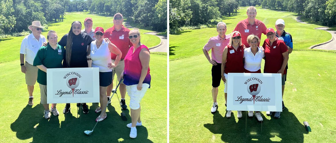A group of golfers standing behind a Legends of Wisconsin Classic sign