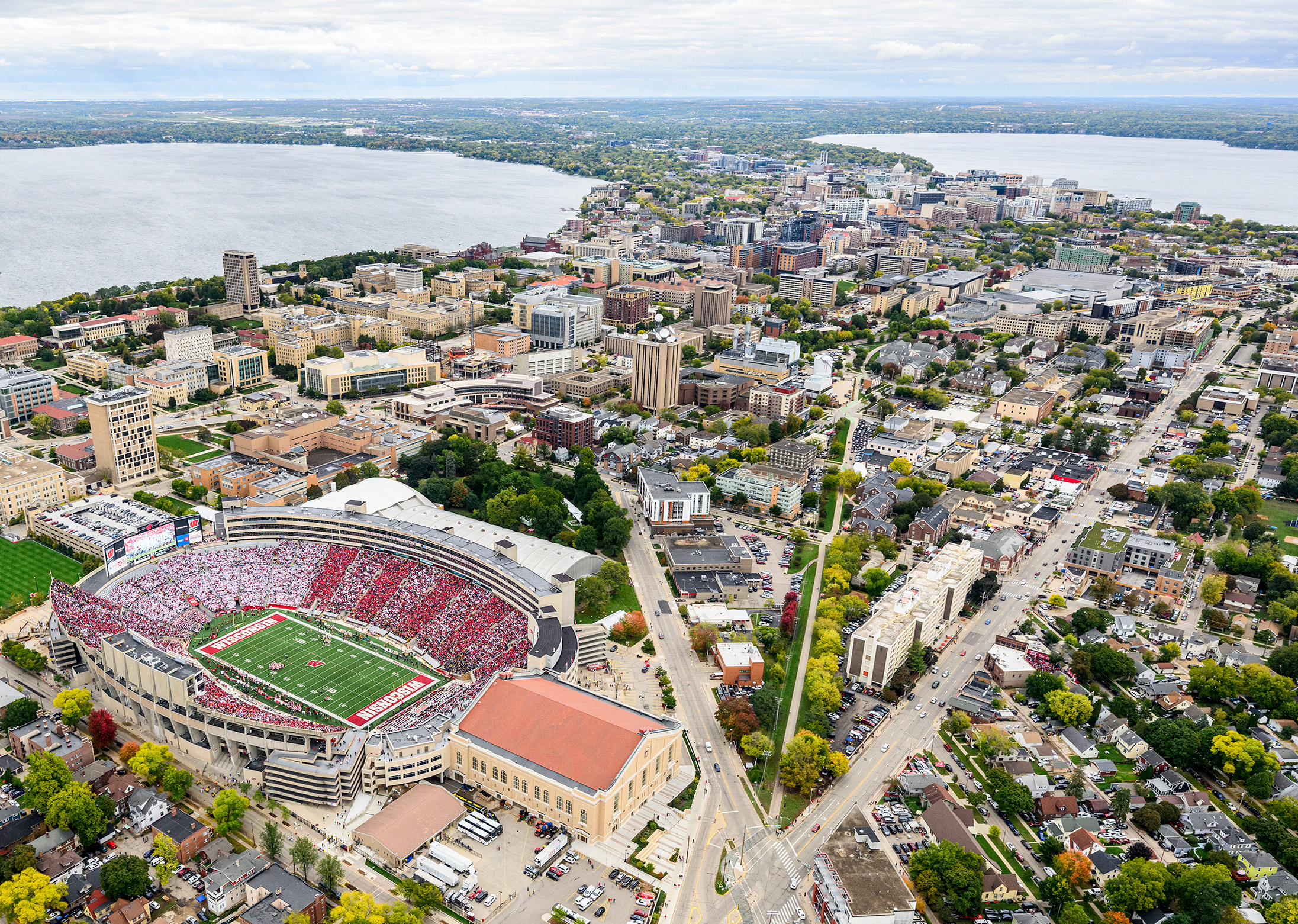 Aerial shot of Camp Randall Stadium during a football game
