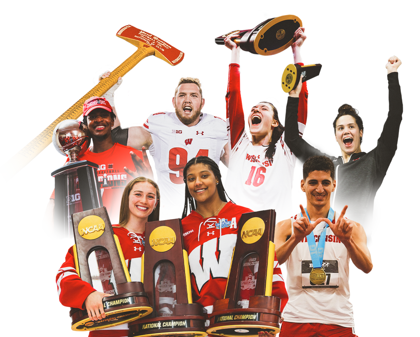 Student athletes from various sports holding their respective trophies
